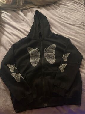 Black Zip-Up Hoodie with White Butterfly Prints